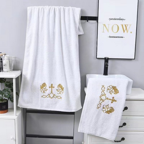 Полотенце махровое Крестильное Ангелы с голубями 550-86 ,N568 золото с бардюром